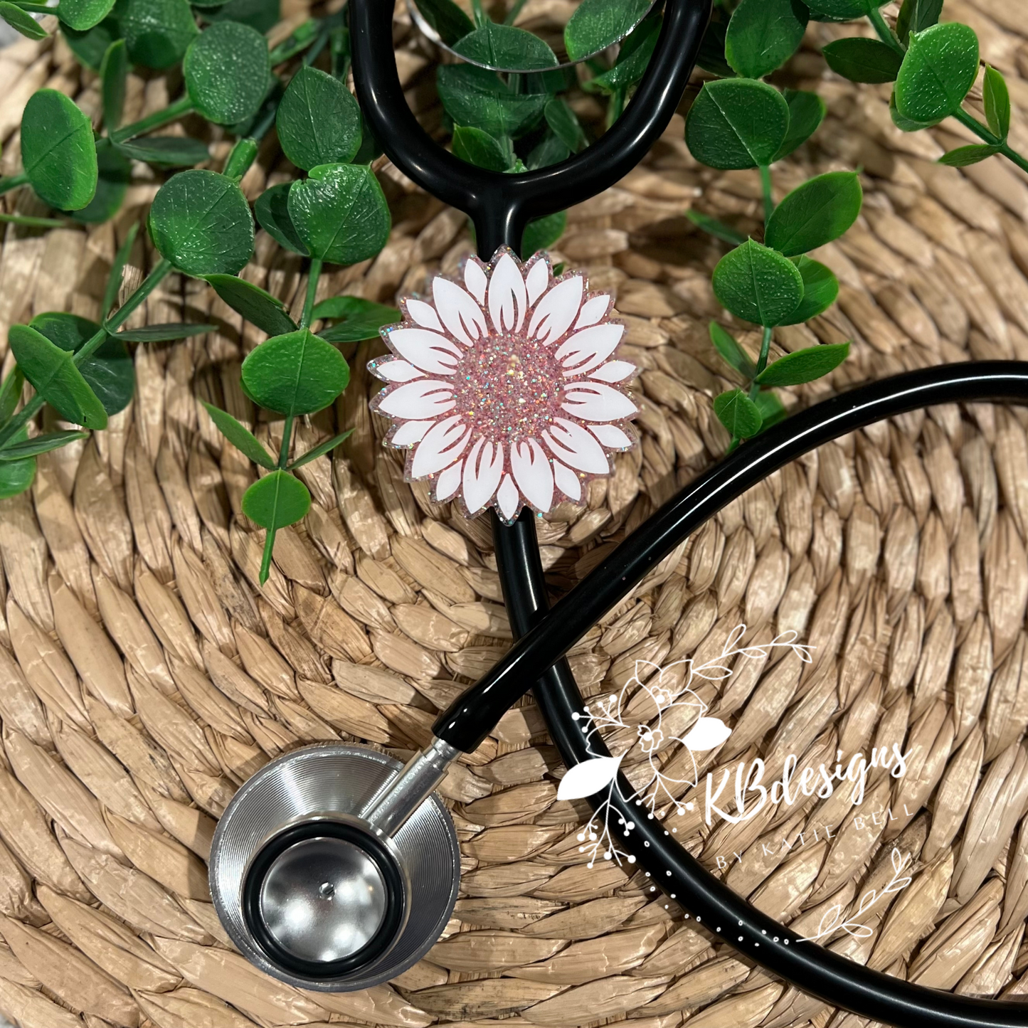 Pink Sunflower Stethoscope ID Tag