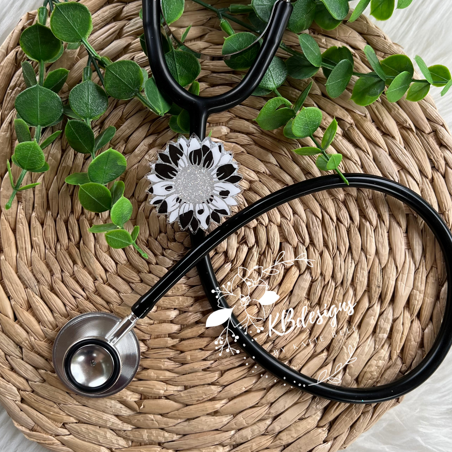 Cow Print Sunflower Stethoscope ID Tag