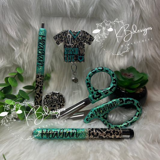 Personalized Leopard Print Medical Set, Nurse Set, Glitter Medical Shears, Glitter Pen, Glitter Medical Light Pen, Badge Reel, Full set